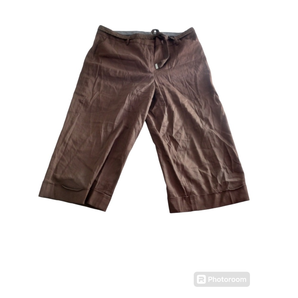 Peter Nygard Wide Crop Pants Culotte Women's 14 Brown Linen Blend Beach Boho
